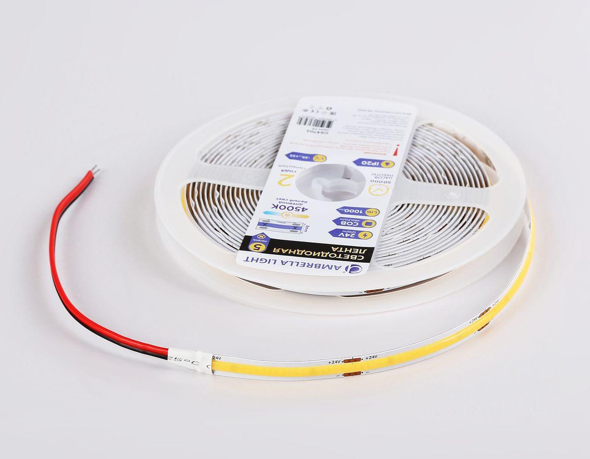 фото светодиодная лента дневной белый ambrella light 12w/m 480led/m cob 3000к 5m gs4702 | 220svet.ru