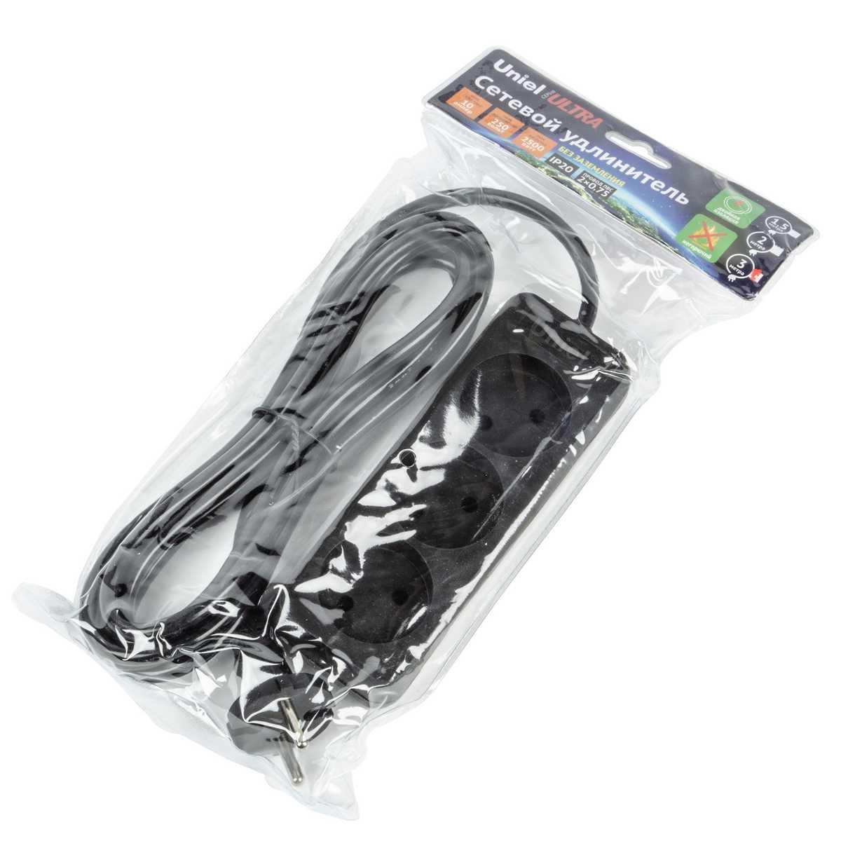 фото удлинитель uniel ultra 3гн х 3м б/з s-cu3-3 black ul-00009983 | 220svet.ru