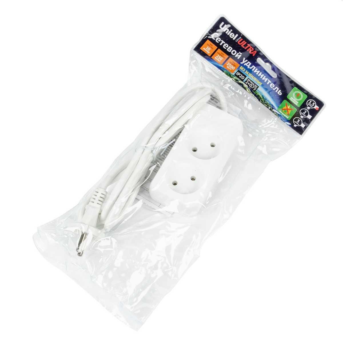 фото удлинитель uniel ultra 2гн х 1,5м б/з s-cu2-1,5 white ul-00009975 | 220svet.ru